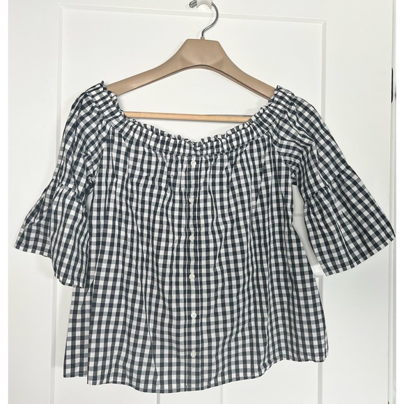 Abercrombie and Fitch Off the Shoulder Shirt Black White Gingham MEDIUM‎ - Picture 1 of 10